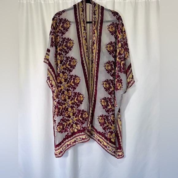 Free People Tops - Free people velvet white red and yellow Floral Sheer duster open cardigan Kimono